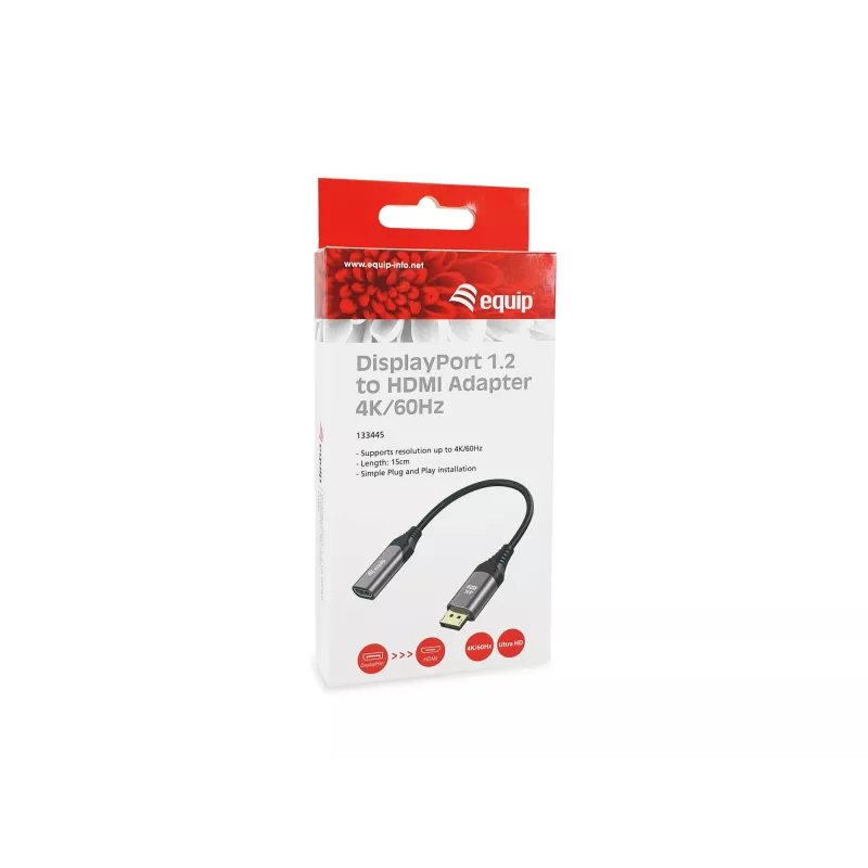 Przejściówka Equip DisplayPort 1.2 na HDMI, 4K/60Hz, 0,15 m, DisplayPort, HDMI, Męski, Żeński, Prosty