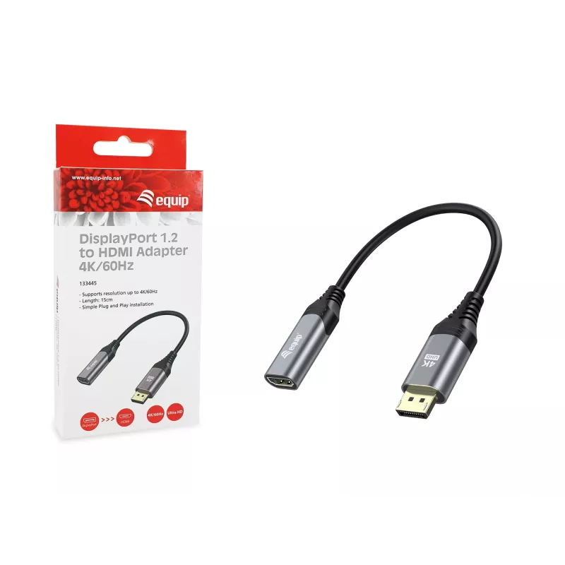 Przejściówka Equip DisplayPort 1.2 na HDMI, 4K/60Hz, 0,15 m, DisplayPort, HDMI, Męski, Żeński, Prosty