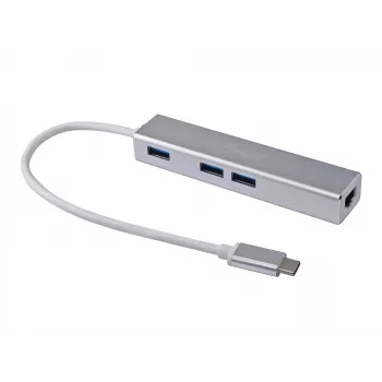 Koncentrator USB-C na 3 porty USB 3.0 z adapterem Gigabit, USB 3.2 Gen 1 (3.1 Gen 1) Type-C, Srebrny, USB 3.2 Gen 1 (3.1 Gen 1) Type-A, WLAN, Aluminium, 22 mm, 15 mm