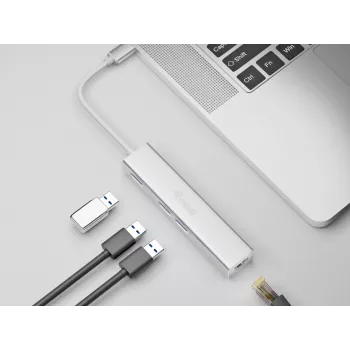 Koncentrator USB-C na 3 porty USB 3.0 z adapterem Gigabit, USB 3.2 Gen 1 (3.1 Gen 1) Type-C, Srebrny, USB 3.2 Gen 1 (3.1 Gen 1) Type-A, WLAN, Aluminium, 22 mm, 15 mm