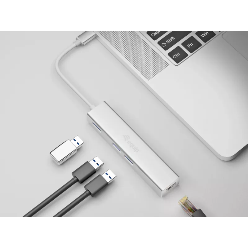 Koncentrator USB-C na 3 porty USB 3.0 z adapterem Gigabit, USB 3.2 Gen 1 (3.1 Gen 1) Type-C, Srebrny, USB 3.2 Gen 1 (3.1 Gen 1) Type-A, WLAN, Aluminium, 22 mm, 15 mm