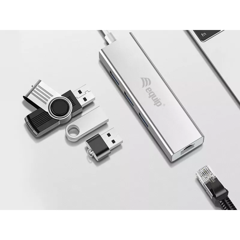 Koncentrator USB-C na 3 porty USB 3.0 z adapterem Gigabit, USB 3.2 Gen 1 (3.1 Gen 1) Type-C, Srebrny, USB 3.2 Gen 1 (3.1 Gen 1) Type-A, WLAN, Aluminium, 22 mm, 15 mm