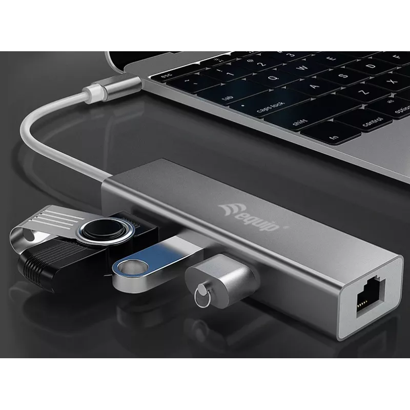 Koncentrator USB-C na 3 porty USB 3.0 z adapterem Gigabit, USB 3.2 Gen 1 (3.1 Gen 1) Type-C, Srebrny, USB 3.2 Gen 1 (3.1 Gen 1) Type-A, WLAN, Aluminium, 22 mm, 15 mm