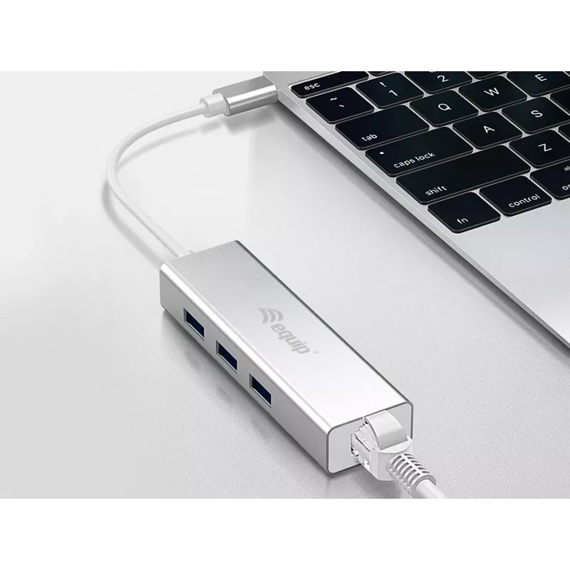 Koncentrator USB-C na 3 porty USB 3.0 z adapterem Gigabit, USB 3.2 Gen 1 (3.1 Gen 1) Type-C, Srebrny, USB 3.2 Gen 1 (3.1 Gen 1) Type-A, WLAN, Aluminium, 22 mm, 15 mm