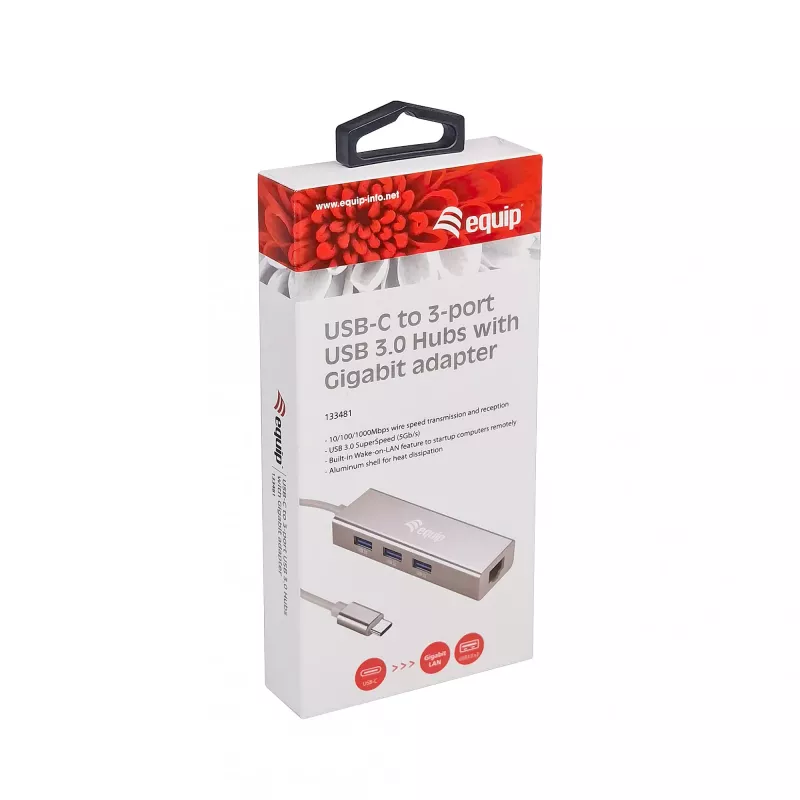 Koncentrator USB-C na 3 porty USB 3.0 z adapterem Gigabit, USB 3.2 Gen 1 (3.1 Gen 1) Type-C, Srebrny, USB 3.2 Gen 1 (3.1 Gen 1) Type-A, WLAN, Aluminium, 22 mm, 15 mm