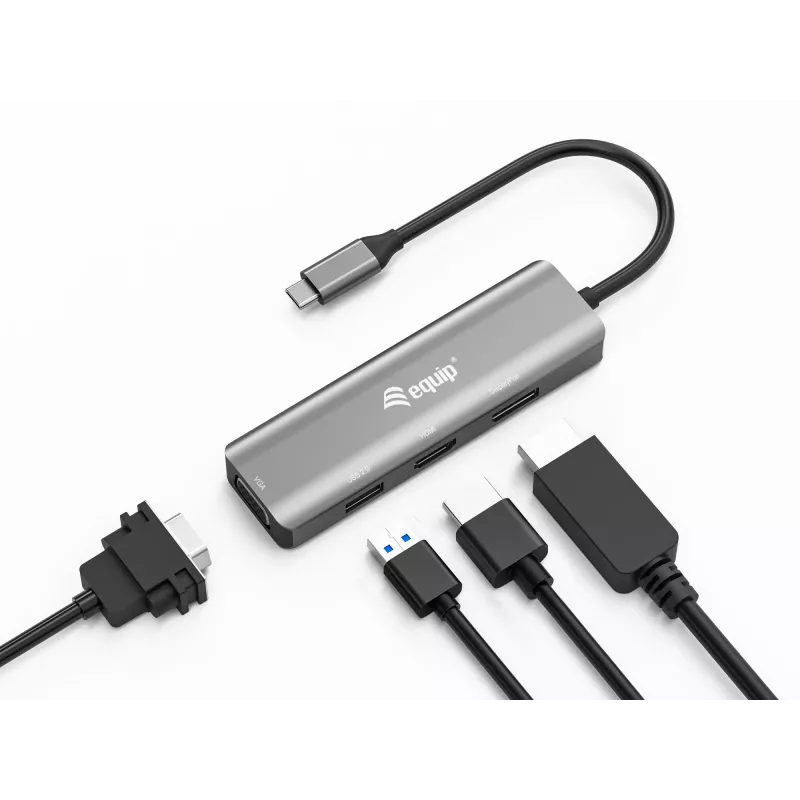 Adapter Equip USB-C na HDMI/DisplayPort/VGA/USB, USB Type-C, wyjście HDMI, wyjście DisplayPort, wyjście VGA (D-Sub), 3840 x 2160 pikseli