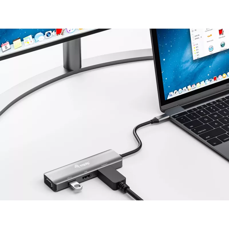Adapter Equip USB-C na HDMI/DisplayPort/VGA/USB, USB Type-C, wyjście HDMI, wyjście DisplayPort, wyjście VGA (D-Sub), 3840 x 2160 pikseli