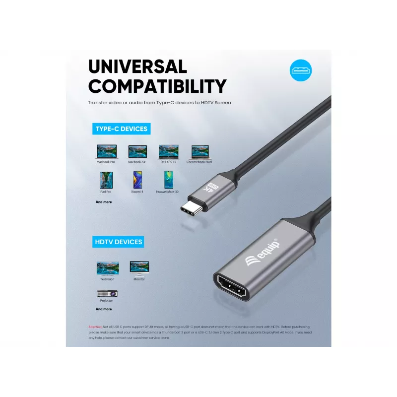 Equip USB-C do HDMI 2.0 Adapter, 4K/60Hz, 0,15 m, USB Type-C, HDMI, Męski, Żeński, Prosty