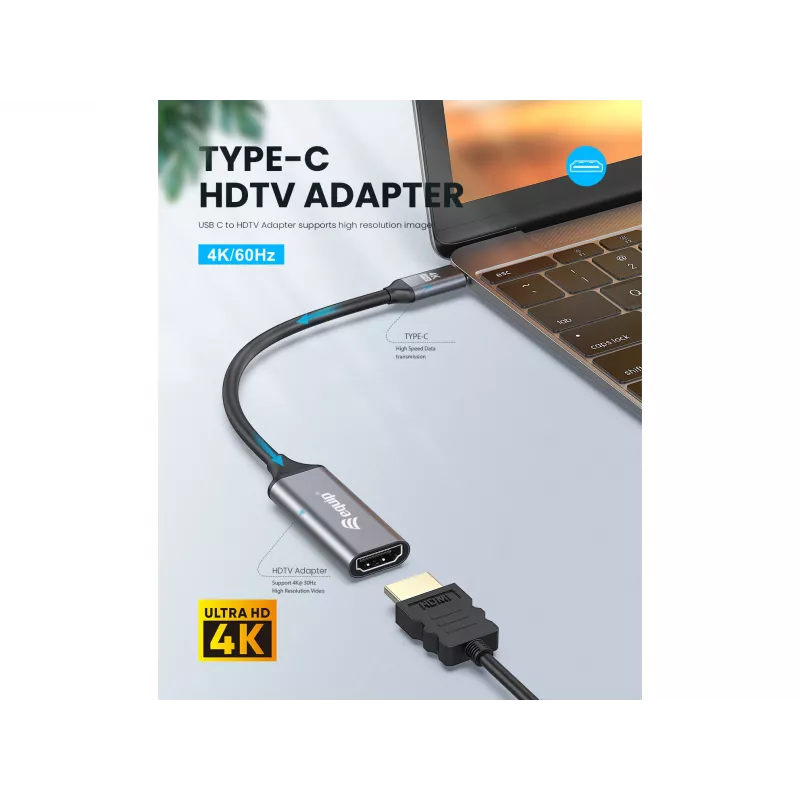 Equip USB-C do HDMI 2.0 Adapter, 4K/60Hz, 0,15 m, USB Type-C, HDMI, Męski, Żeński, Prosty