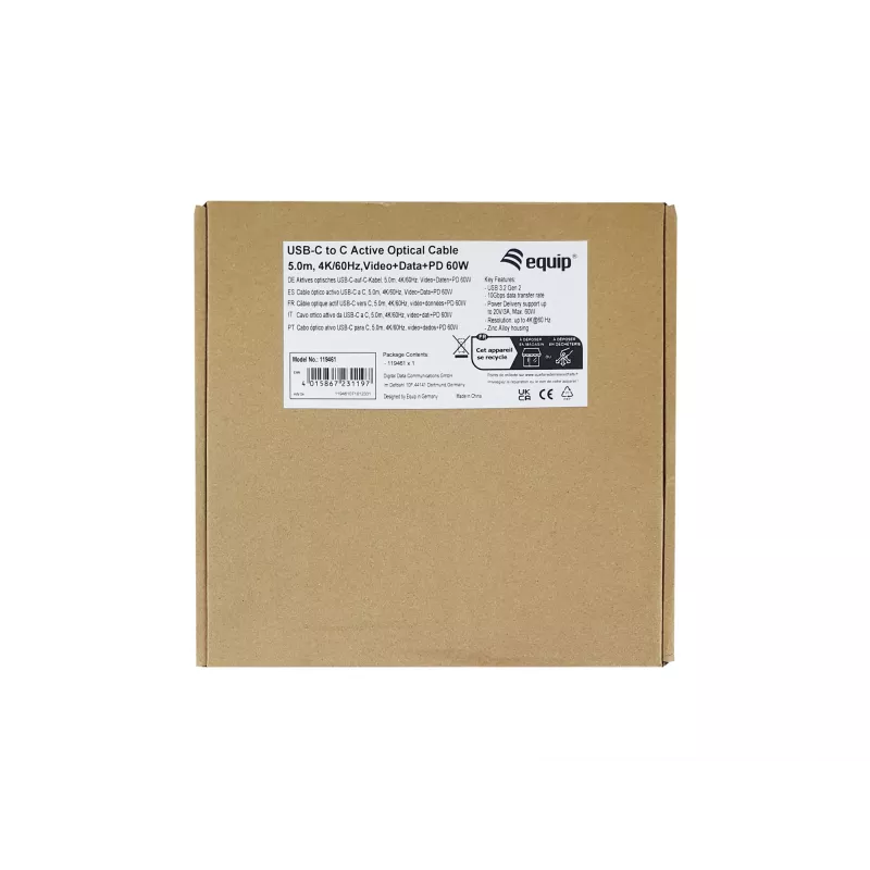 Equip USB-C do C Aktywny Kabel Optyczny, M/M, 5,0 m, PD 60 W, 4K/60 Hz, 10 Gb/s, Wideo+Dane+PD
