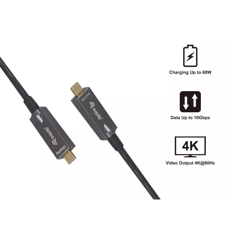 Kabel USB-C na USB-C aktywny optyczny Equip, 10 m, 4K/60 Hz, wideo+dane+PD
