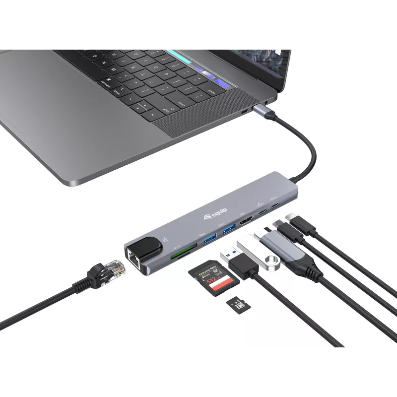 Equip USB-C 8 w 1 wielofunkcyjny adapter, przewodowy, USB Type-C, 100 W, 1000 Mbit/s, 1000BASE-T, IEEE 802.3ab