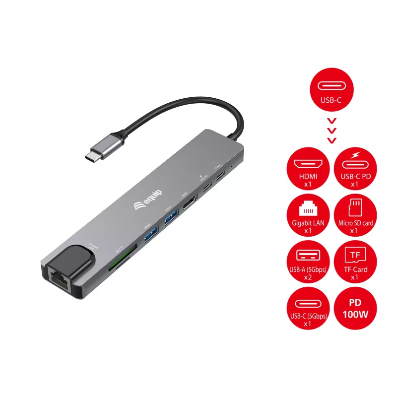 Equip USB-C 8 w 1 wielofunkcyjny adapter, przewodowy, USB Type-C, 100 W, 1000 Mbit/s, 1000BASE-T, IEEE 802.3ab
