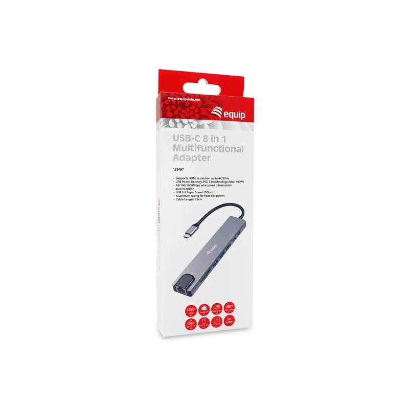 Equip USB-C 8 w 1 wielofunkcyjny adapter, przewodowy, USB Type-C, 100 W, 1000 Mbit/s, 1000BASE-T, IEEE 802.3ab