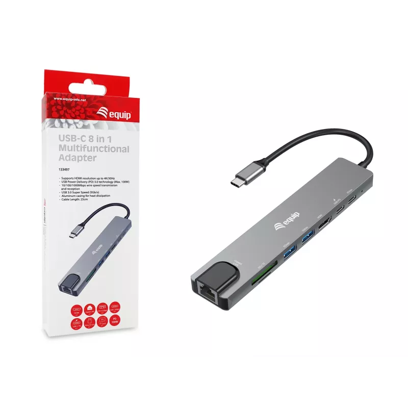 Equip USB-C 8 w 1 wielofunkcyjny adapter, przewodowy, USB Type-C, 100 W, 1000 Mbit/s, 1000BASE-T, IEEE 802.3ab