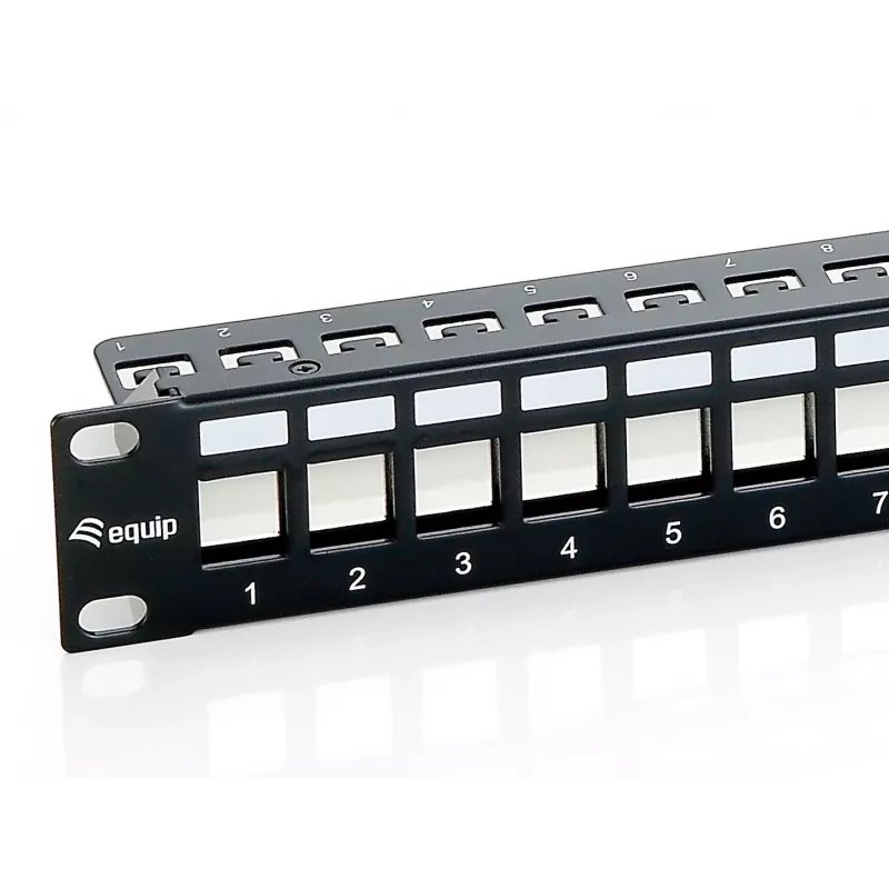 Panel krosowy Equip 24-portowy Keystone Cat.6 ekranowany, czarny, Cat6, montaż w szafie RACK, 1U, czarny, 92,5 mm, 483 mm