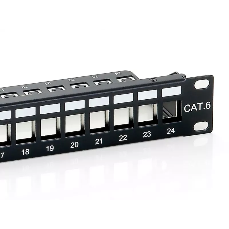 Panel krosowy Equip 24-portowy Keystone Cat.6 ekranowany, czarny, Cat6, montaż w szafie RACK, 1U, czarny, 92,5 mm, 483 mm