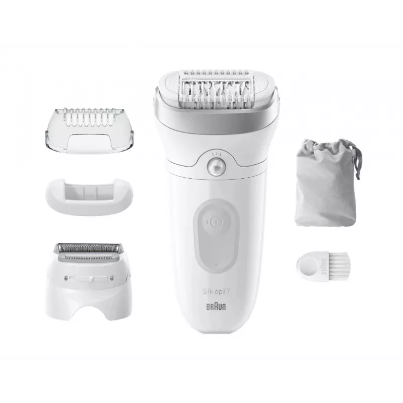 Epilator BRAUN Silk-épil 7 7-041 — bezprzewodowy epilator Wet & Dry z technologią MicroGrip, funkcją masażu, golarką i trymerem do bikini, szaro-biały