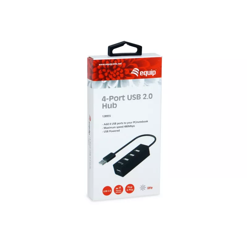 Hub USB 2.0 Equip 4 porty, USB 2.0, USB 2.0, 480 Mbit/s, Czarny, Chiny, CE, RoHS