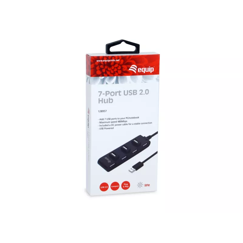 Equip 7-portowy hub USB 2.0, USB 2.0, USB 2.0, 480 Mbit/s, czarny, Chiny, CE, RoHS