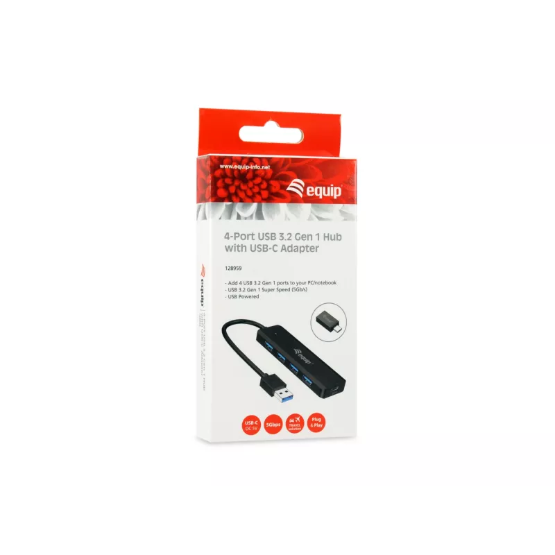 4-portowy hub USB 3.2 Gen 1 Equip z adapterem USB-C Czarny 5000 Mbit/s