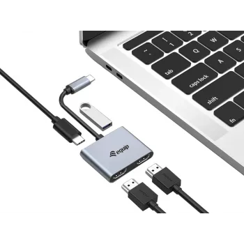 Adapter Equip USB-C 4 w 1 z podwójnym HDMI, USB 3.2 Gen 1 (3.1 Gen 1) Type-C, srebrny, 4K Ultra HD, 30 Hz, HDMI, aluminium