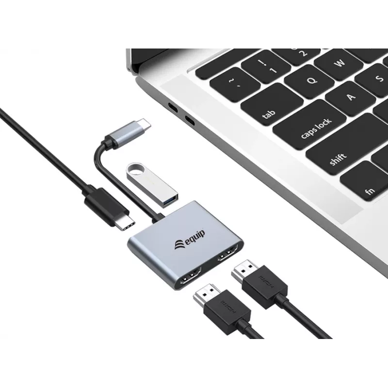 Adapter Equip USB-C 4 w 1 z podwójnym HDMI, USB 3.2 Gen 1 (3.1 Gen 1) Type-C, srebrny, 4K Ultra HD, 30 Hz, HDMI, aluminium