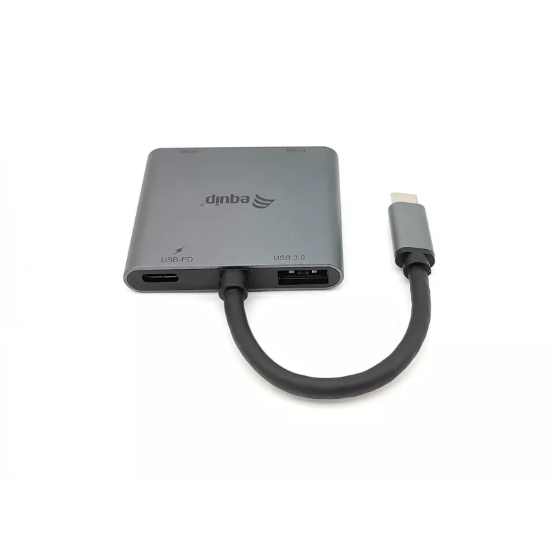 Adapter Equip USB-C 4 w 1 z podwójnym HDMI, USB 3.2 Gen 1 (3.1 Gen 1) Type-C, srebrny, 4K Ultra HD, 30 Hz, HDMI, aluminium