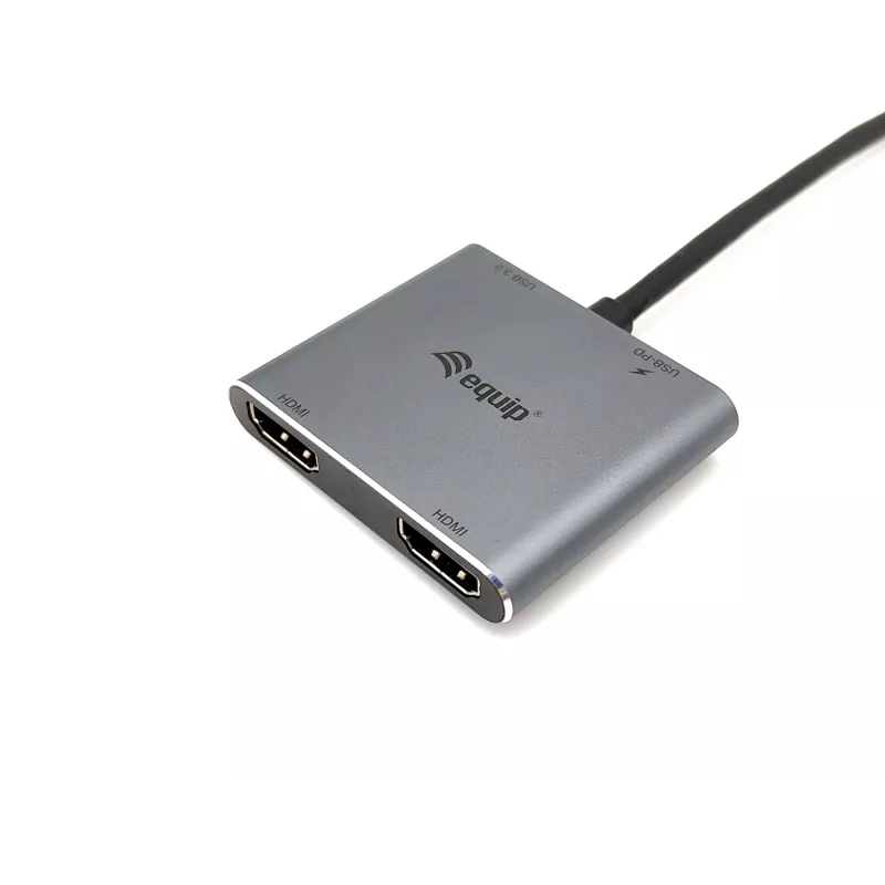 Adapter Equip USB-C 4 w 1 z podwójnym HDMI, USB 3.2 Gen 1 (3.1 Gen 1) Type-C, srebrny, 4K Ultra HD, 30 Hz, HDMI, aluminium