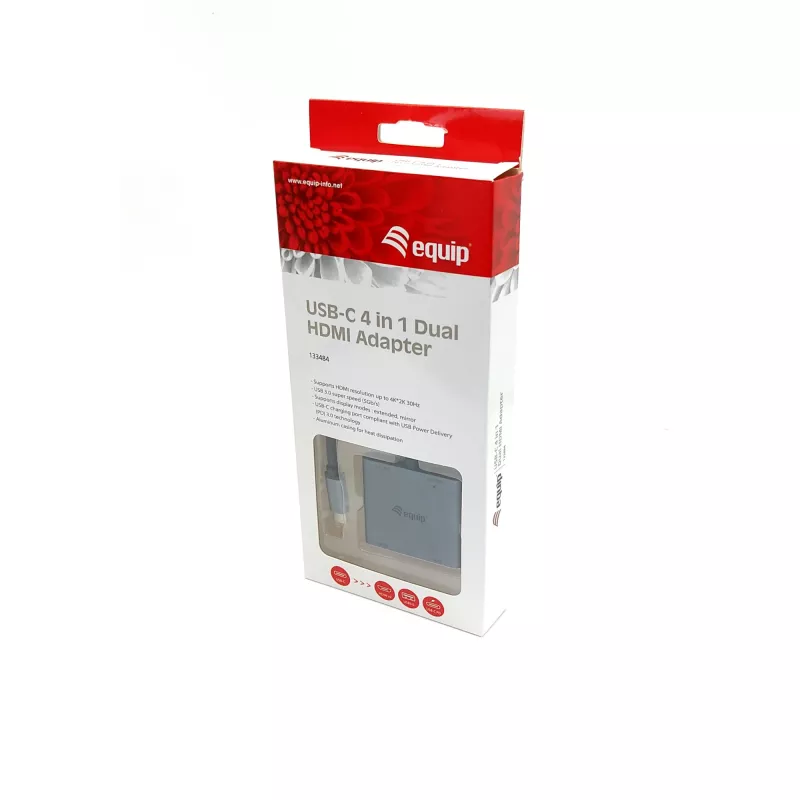 Adapter Equip USB-C 4 w 1 z podwójnym HDMI, USB 3.2 Gen 1 (3.1 Gen 1) Type-C, srebrny, 4K Ultra HD, 30 Hz, HDMI, aluminium