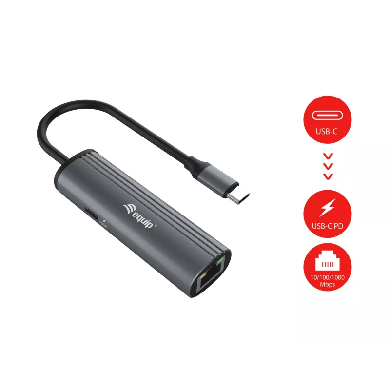 Equip Adapter USB-C na RJ45 Gigabit sieciowy + PD USB Type-C 100W