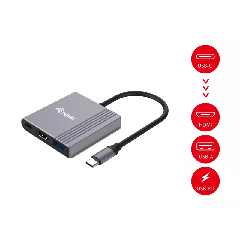 Przejściówka Equip 3 w 1 USB-C na HDMI / USB-A / USB PD, 3.2 Gen 1 (3.1 Gen 1), USB Type-C, wyjście HDMI, 3840 x 2160 pikseli
