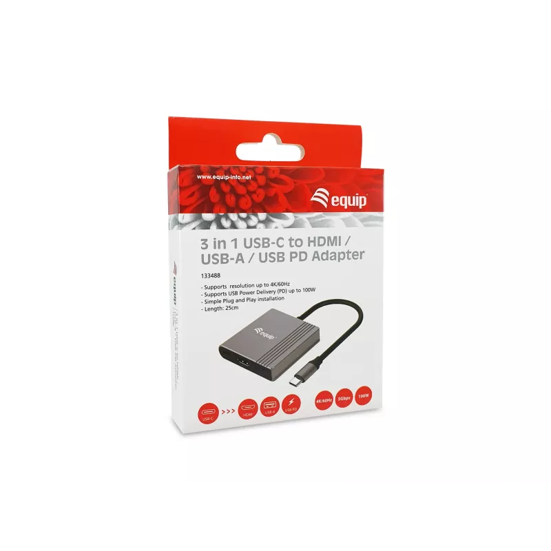 Przejściówka Equip 3 w 1 USB-C na HDMI / USB-A / USB PD, 3.2 Gen 1 (3.1 Gen 1), USB Type-C, wyjście HDMI, 3840 x 2160 pikseli