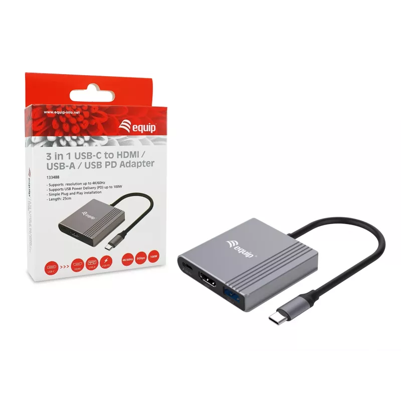 Przejściówka Equip 3 w 1 USB-C na HDMI / USB-A / USB PD, 3.2 Gen 1 (3.1 Gen 1), USB Type-C, wyjście HDMI, 3840 x 2160 pikseli