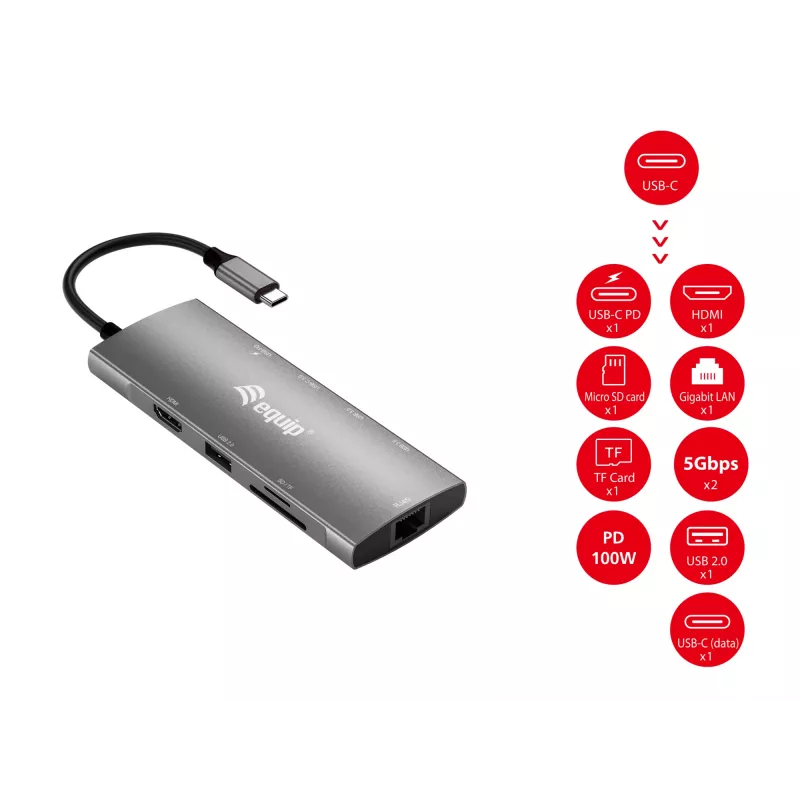 Equip USB-C 9 w 1 wielofunkcyjny adapter, HDMI 4K/60Hz, Gigabit LAN, USB 3.2 GEN1, SD/TF, 100W USB PD