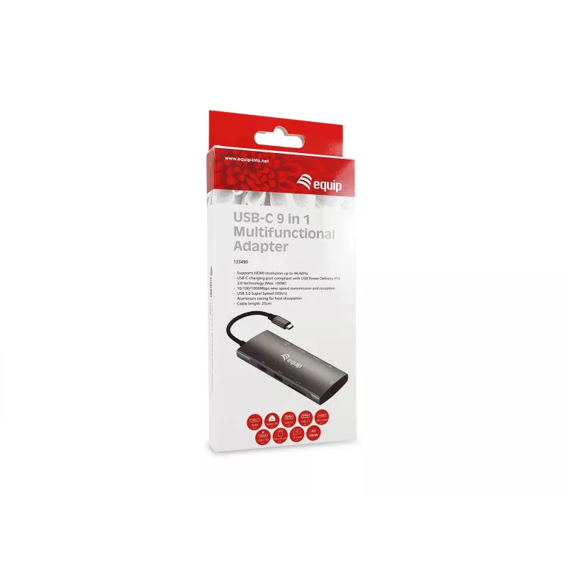 Equip USB-C 9 w 1 wielofunkcyjny adapter, HDMI 4K/60Hz, Gigabit LAN, USB 3.2 GEN1, SD/TF, 100W USB PD