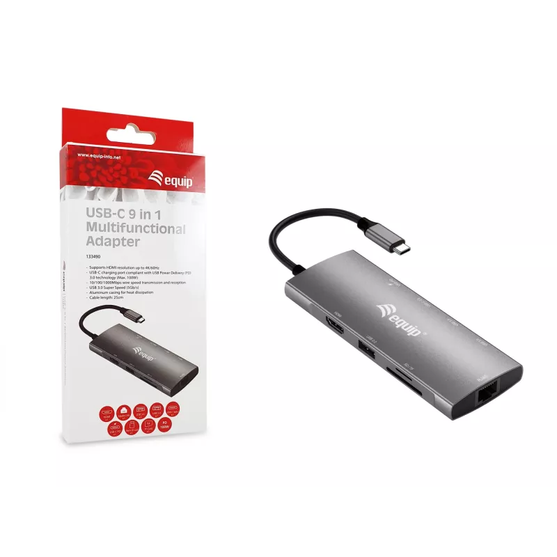Equip USB-C 9 w 1 wielofunkcyjny adapter, HDMI 4K/60Hz, Gigabit LAN, USB 3.2 GEN1, SD/TF, 100W USB PD