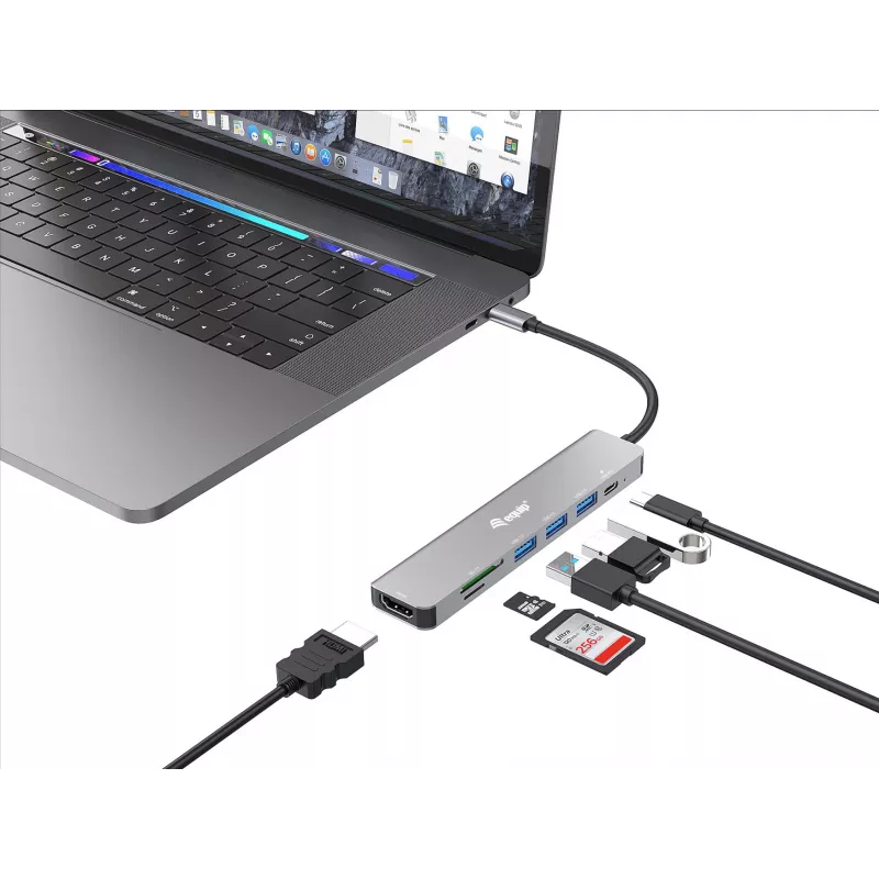 Equip USB-C 7 w 1 wielofunkcyjny adapter, HDMI 4K/60Hz, USB 3.2 Gen1 x 3, TF/MICRO SD, 100W USB PD