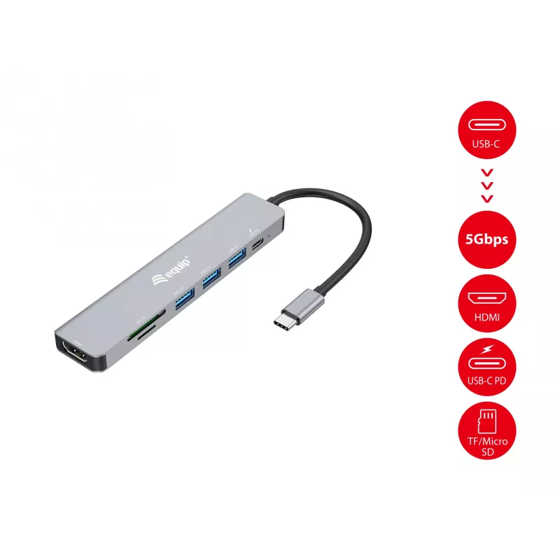 Equip USB-C 7 w 1 wielofunkcyjny adapter, HDMI 4K/60Hz, USB 3.2 Gen1 x 3, TF/MICRO SD, 100W USB PD