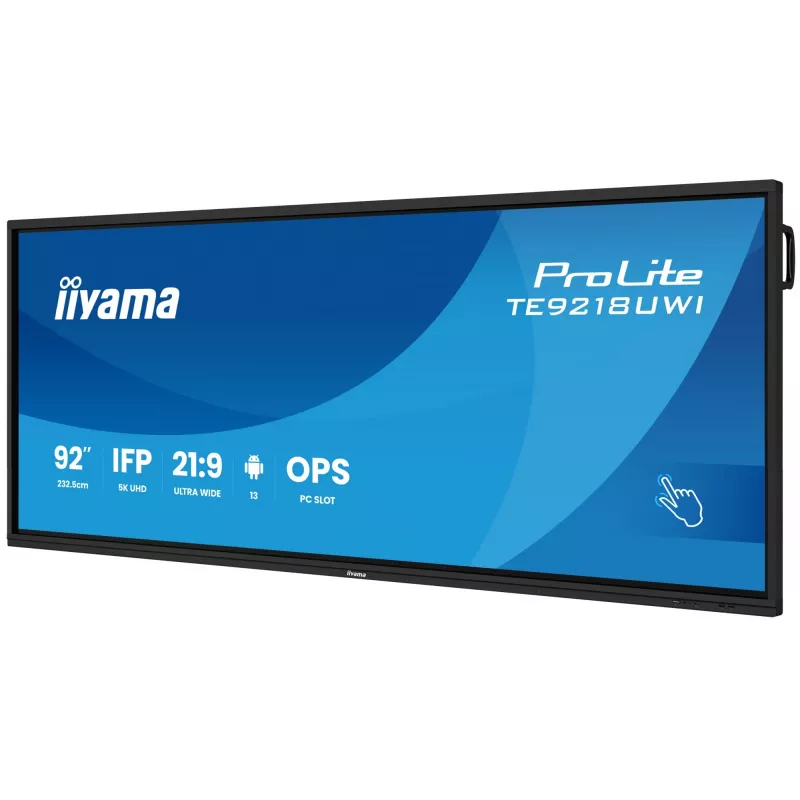 iiyama TE9218UWI-B1AG Wyświetlacz reklamowy Kiosk 2.32 m (91.5 cala) LED Wi-Fi 500 cd/m² 5K Ultra HD Czarny Ekran dotykowy Wbudowany procesor Android 16/7
