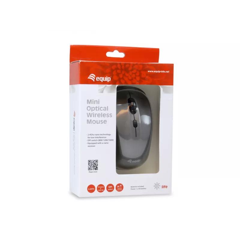 Equip Mini Optyczna Bezprzewodowa Mysz, Symetryczna, Optyczna, RF Wireless, 1600 DPI, Szary
