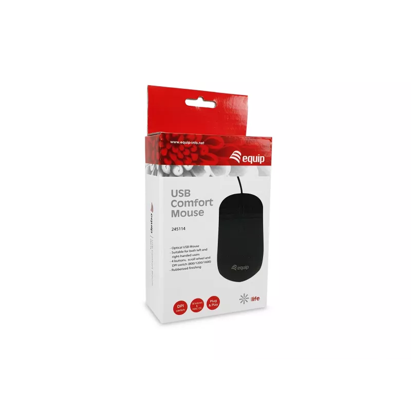 Equip USB Comfort mysz, oburęczna, optyczna, USB Type-A, 1600 DPI, czarna