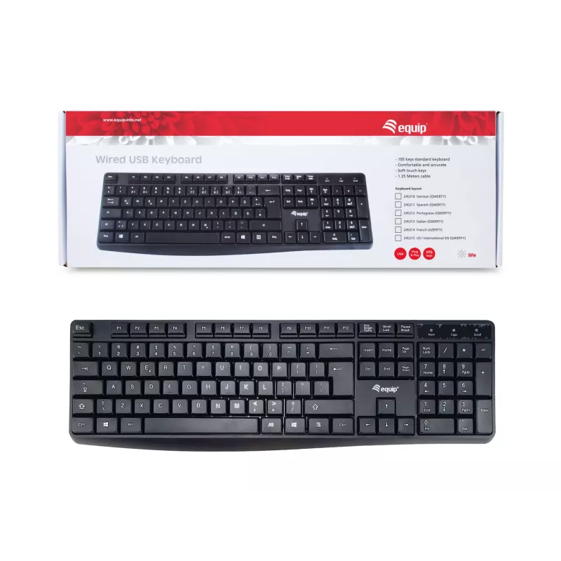 Przewodowa klawiatura USB Equip, układ US/International (QWERTY), pełnowymiarowa (100%), przewodowa, USB, QWERTY, czarna