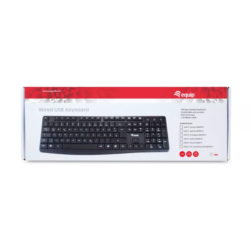 Przewodowa klawiatura USB Equip, układ US/International (QWERTY), pełnowymiarowa (100%), przewodowa, USB, QWERTY, czarna