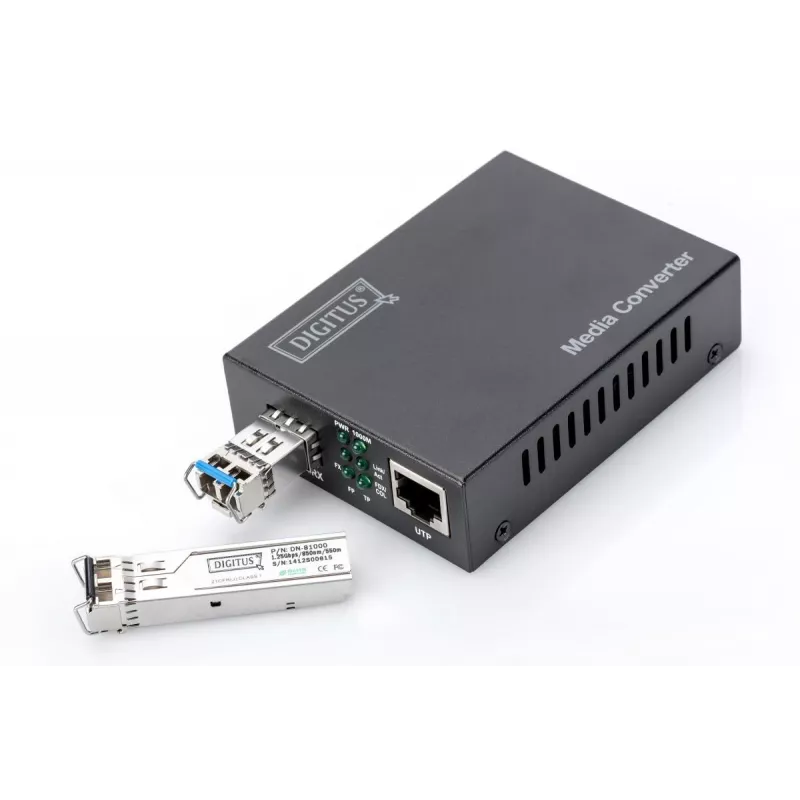 DIGITUS Konwerter mediów, SFP 10/100/1000Base-T do gniazda SFP, w zestawie zasilacz, bez modułu SFP