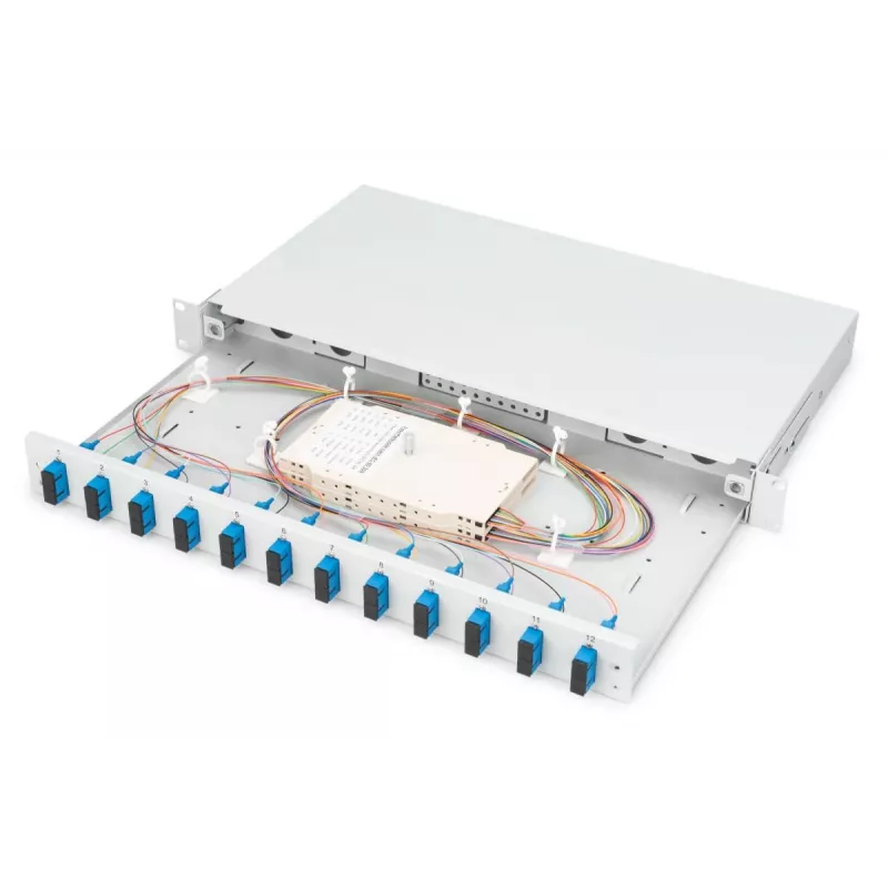 DIGITUS Światłowodowa przesuwna puszka spawów, 1U, wyposażona 12x SC duplex, z wkrętem M25, kaseta spawów, kolorowe pigtaile OS2, adaptery
