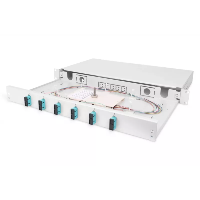 DIGITUS Fiber Optic Sliding Splice Box, 1U, Equipped 6x SC duplex, incl. M 25 Screw, Splice Cassette Color Pigtails OM3, Adapter
