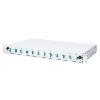 DIGITUS Fiber Optic Sliding Splice Box, 1U, wyposażona 12x LC duplex, zawiera śrubę M 25, kaseta spawów OM3 kolorowe pigtaile, adapter