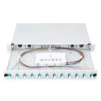 DIGITUS Fiber Optic Sliding Splice Box, 1U, wyposażona 12x LC duplex, zawiera śrubę M 25, kaseta spawów OM3 kolorowe pigtaile, adapter