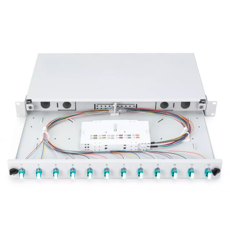 DIGITUS Fiber Optic Sliding Splice Box, 1U, wyposażona 12x LC duplex, zawiera śrubę M 25, kaseta spawów OM3 kolorowe pigtaile, adapter